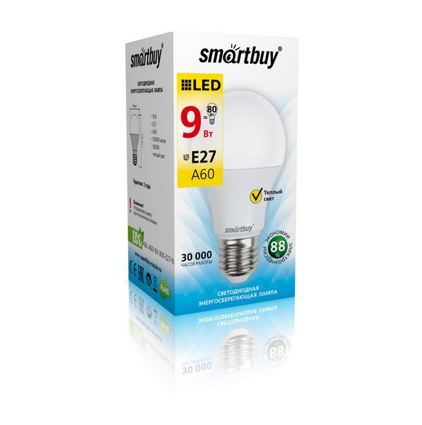 Лампа светодиод. E27  9Вт 3000K SmartBuy A60 /10/