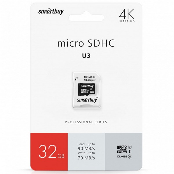 Карта памяти  32Gb microSDHC Class 10 Smartbuy PRO с адаптером SD